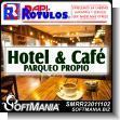 SMRR23011102: Full Color Banner with Metal Holes to Tie with Text Hotel and Cafe with Own Parking Advertising Sign for Cafe and Restaurant brand Rapirotulos Dimensions 82.7x21.3 Inches