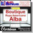 SMRR22121503: Rotulo Publicitario Banner Full Color con Ojetes de Metal para Amarrar con Texto Ropa Americana Alba para Tienda Boutique marca Rapirotulos de Dimensiones 1x0.5 Metros